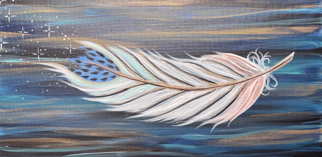 A painting created during a family painting event features a large, detailed feather with a blue tip and small spots against a dark, swirling background where twinkling stars dance on the left.