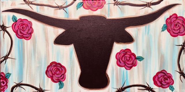 A stylized silhouette of a longhorn skull is centered on a striped background, surrounded by pink roses and barbed wire—perfect for your next painting event or to show you don’t Mess with the Bull.