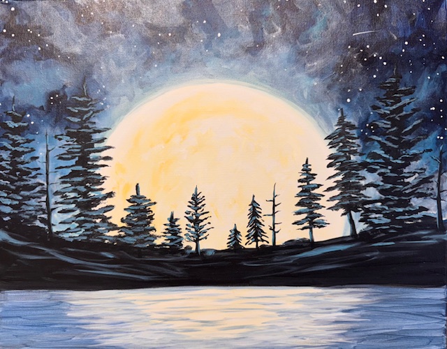Mega Moon ~ Painting Event 3 A large Mega Moon rises behind a silhouette of pine trees, casting reflections on a calm lake under a starry night sky—perfect inspiration for your next Painting Event.