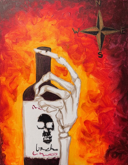 A skeletal hand holds a bottle with a skull label against a fiery red and orange background, capturing the spirit of a Guided Mutiny; a compass rose appears in the upper right corner, perfect for your next Painting Event.