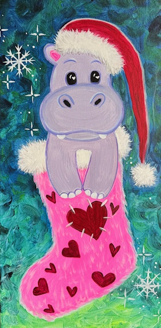 A cartoon hippo wearing a Santa hat sits in a pink Christmas stocking decorated with red hearts, ready for a festive Painting Event, against a teal background with white snowflakes. No Dinky Tinker Toy here—just holiday cheer!.