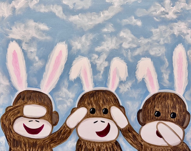 Three cartoon monkeys with bunny ears portray "see no evil, hear no evil, speak no evil" against a cloudy sky backdrop. This whimsical scene captures the essence of No Bunnie's Business in a playful twist that would be perfect for any upcoming painting event.