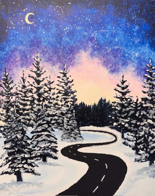 On Our Way ~ Painting Event 3 A winding road runs through a snowy forest under a starry night sky with a crescent moon, creating the perfect scene for a Painting Event.