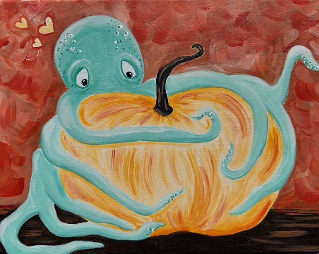 A blue cartoon octopus with a happy expression hugs a large orange pumpkin against a reddish background with two small heart symbols, capturing the joy of a true Pumpkin Lover at a Painting Event.