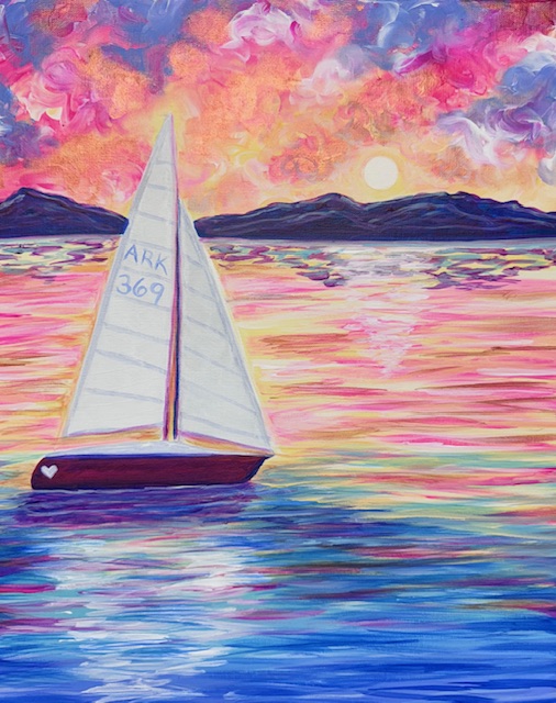 A sailboat labeled "ARK 369" floats on colorful water against a vibrant sunset, while mountains silhouette majestically in the background. This scene, perfect for a family painting event, invites you to sail away on a creative journey together.