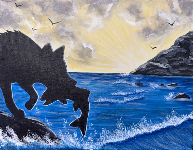 A silhouette of a Sea Wolf holding a fish in its mouth stands on a rock by the sea at sunrise, with waves splashing and birds flying in the sky—a perfect scene for a Fundraising Painting Event.