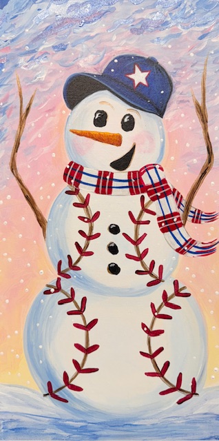 Snow Delay ~ Fundraising Painting Event 3 A snowman with baseball stitching, wearing a blue cap and red plaid scarf, stands with stick arms against a snowy, colorful sky—perfect for your next fundraising painting event.