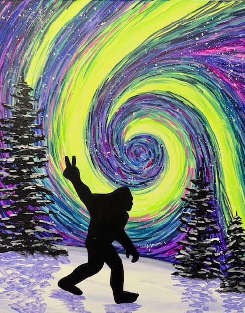 Silhouette of a Bigfoot-like figure making a peace sign against a colorful, swirling night sky, reminiscent of a spiral out into cosmic wonder, with trees on a snowy landscape. Perfect backdrop for your next family painting event.