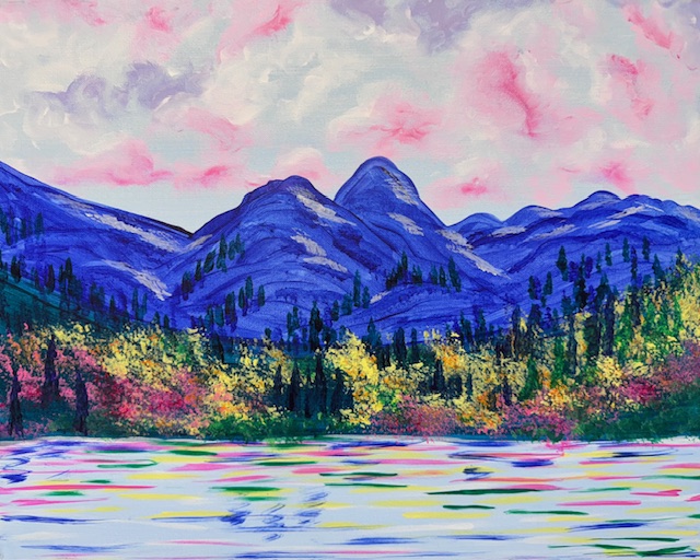 Join us at the Painting Event for a colorful depiction of a Spring Mountain landscape, where vibrant blue peaks rise above a mixed autumn forest and calm waters reflect the pink and gray cloudy sky.