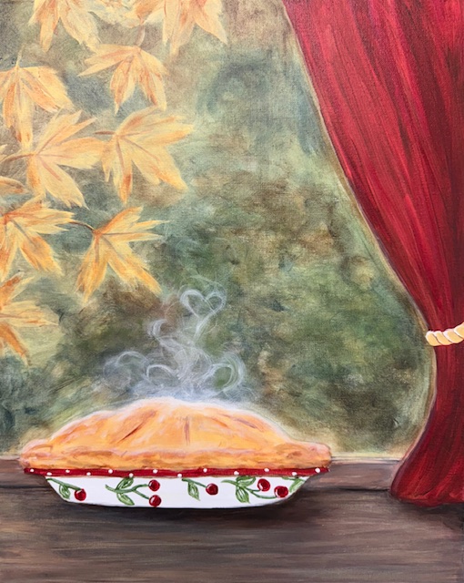Sweet As... ~ Painting Event 3 A freshly baked pie in a decorative dish sits on a windowsill, with steam rising and autumn leaves and a red curtain in the background—capturing a scene as sweet as any painting event.