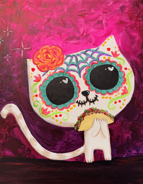 Illustration of a white Taco Cat decorated with colorful sugar skull patterns, holding a taco, set against a vibrant purple background—perfect inspiration for your next Painting Event.