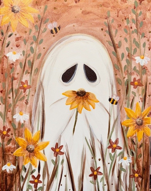 A figure draped in a white ghost sheet stands among yellow and white wildflowers, holding a flower at its mouth as bees fly nearby—capturing the playful spirit of Boo’s Bees, a unique fundraising painting event.