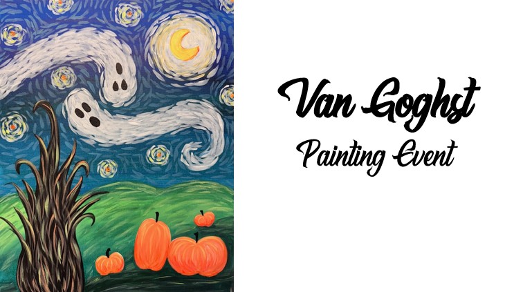 VG_bann A Halloween-themed Painting Event featuring a swirling night sky, playful ghosts, pumpkins, and the whimsical “Van Ghost Painting Event” text on a white background.