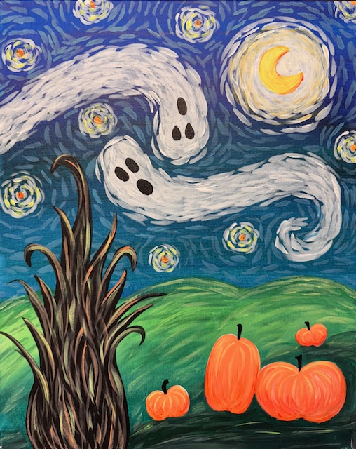 A starry night sky with swirling clouds shaped like ghosts, a crescent moon, green hills, tall grass, and five orange pumpkins in the foreground—perfect for a Van Ghost Painting Event.