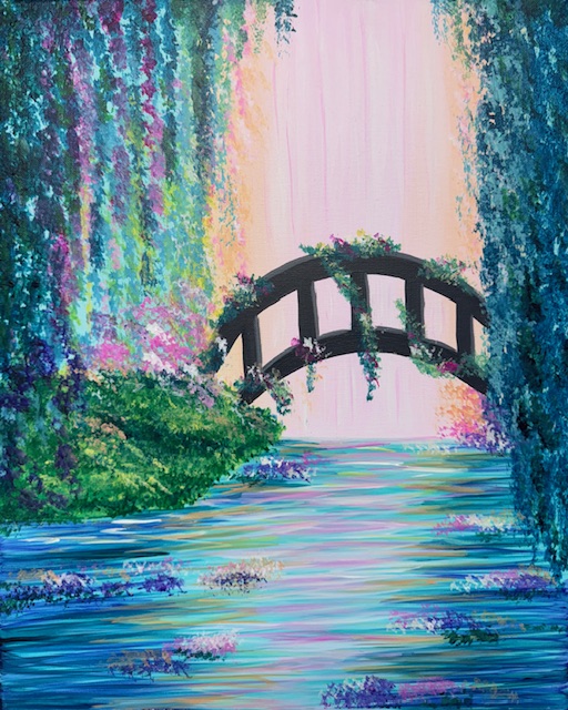 Discover the masterpiece from our Painting Event: a serene depiction of a wooden bridge with water under the bridge, surrounded by lush greenery and colorful flowers, set against a pink and purple sky.