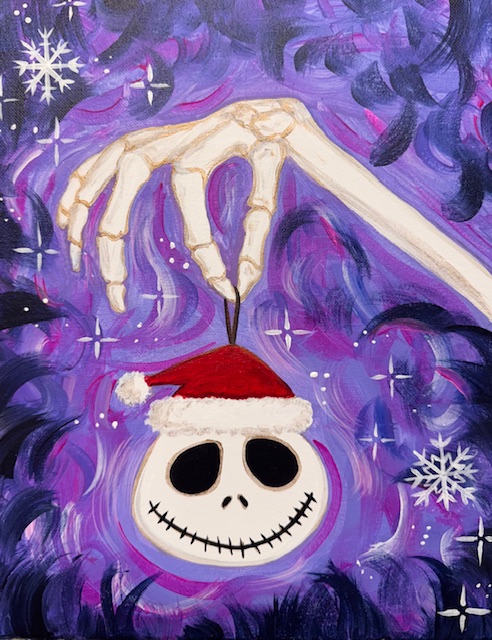 What's This?! ~ Painting Event 3 A skeletal hand holds a smiling, skull-shaped ornament with a Santa hat against a swirling purple background with stars and a snowflake—perfect inspiration for your next spooky holiday painting event.