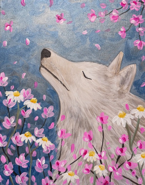 A painting of a white wolf with closed eyes, surrounded by pink cherry blossom petals and white daisies against a blue sky, captures the essence of nature's tranquility—perfect for showcasing at any fundraising event.