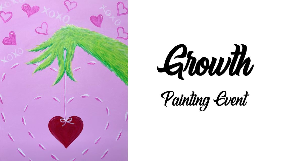 A green furry hand holds a heart against a pink backdrop adorned with hearts and "XOXO" text. The phrase "Growth Painting Event" graces the right, celebrating the journey of growth and creativity.