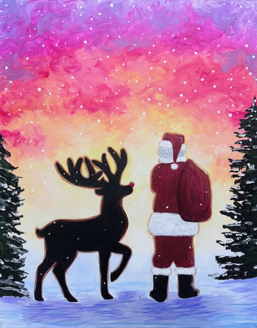 A silhouette of Santa and a reindeer stand against a vibrant sunset sky, surrounded by snow-covered trees.